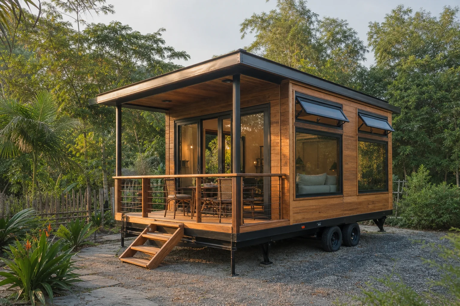 Hình minh họa nhà gỗ di động giữa cảnh quan xanh