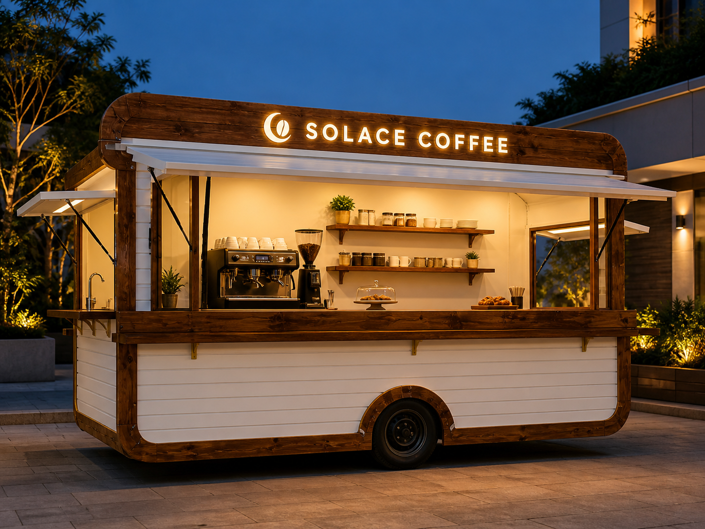 Kiot bán cafe di động Mẫu 09 – phối cảnh SOLACE COFFEE góc trước trái