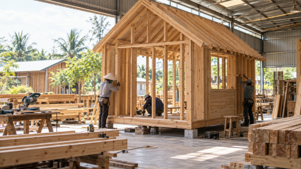 Xưởng làm nhà gỗ homestay — lắp dựng khung gỗ