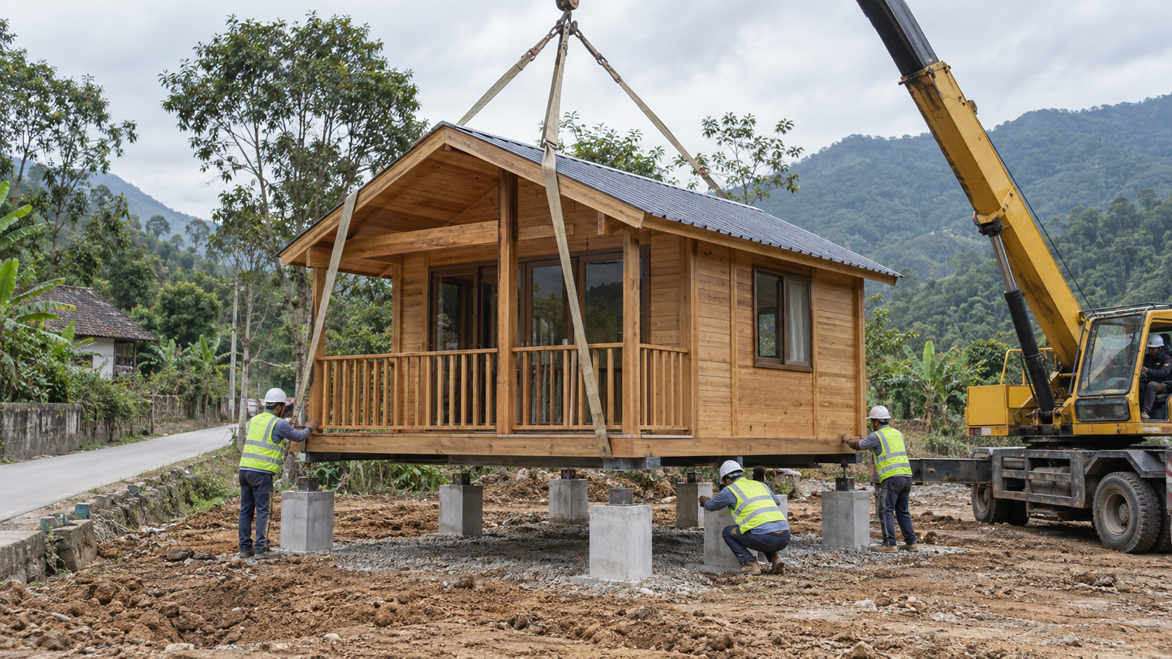 Lắp đặt nhà gỗ homestay trên nền đã chuẩn bị