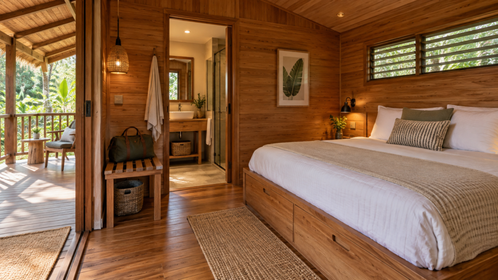 Không gian nội thất nhà gỗ homestay có khu ngủ và hiên