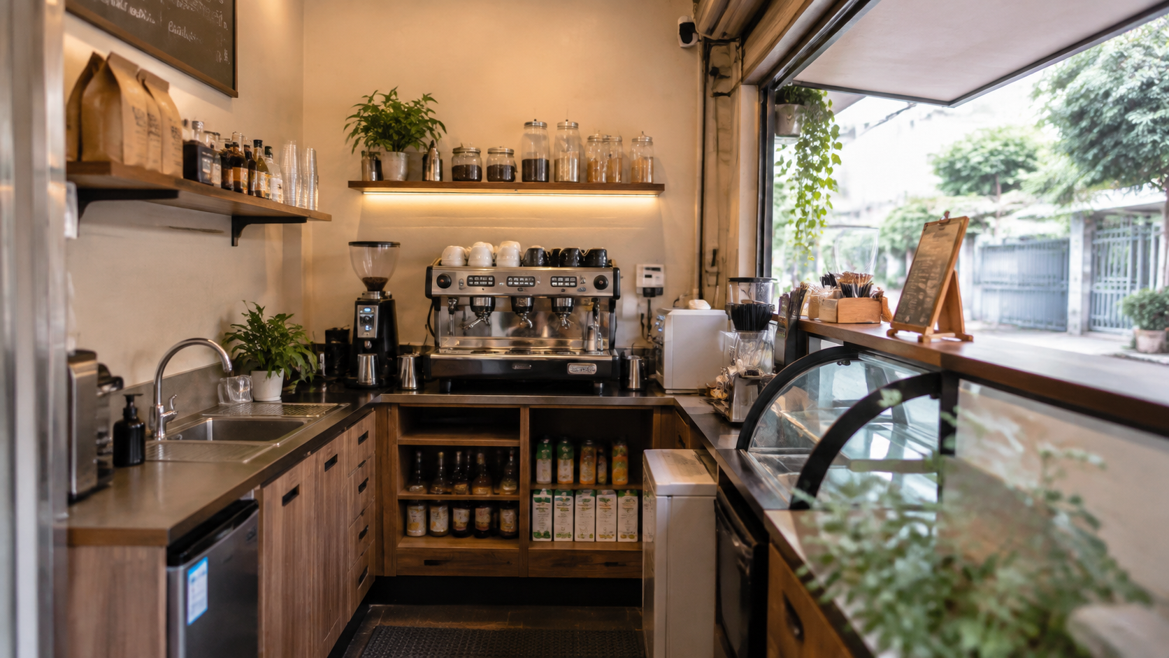 Bố trí máy pha, máy xay và bồn rửa trong kiot cafe