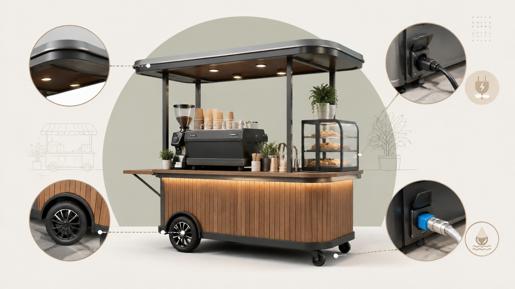 Bánh xe, mái che và hạ tầng cho kiot cafe di động