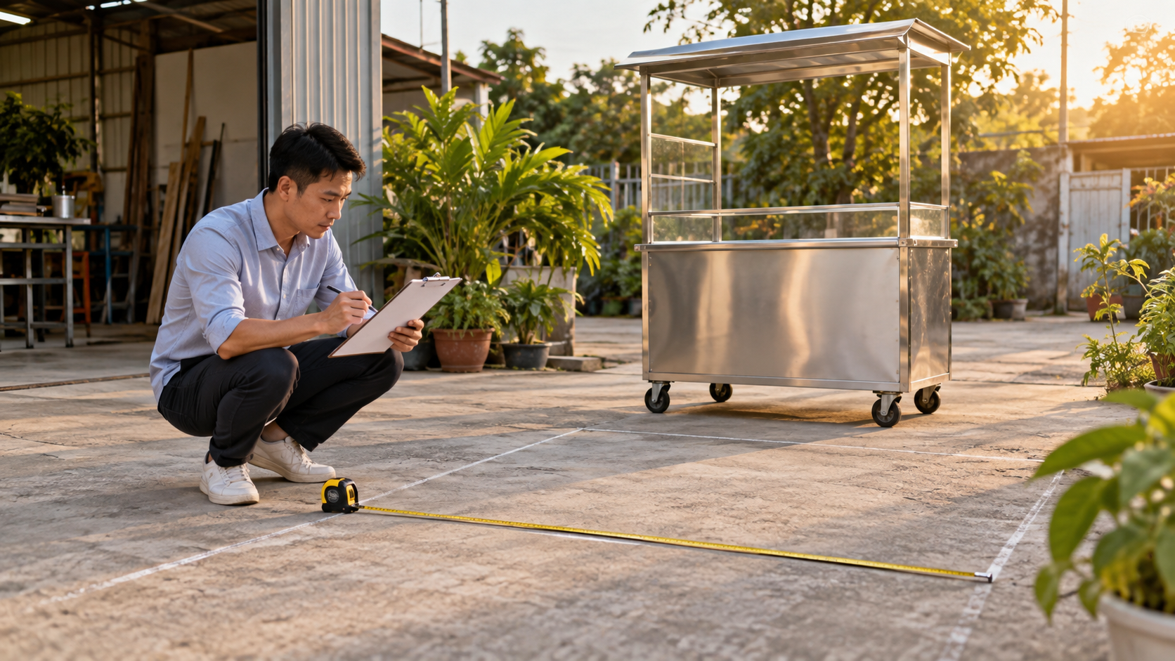 Người dùng đo mặt bằng và kiểm tra checklist trước khi chọn xe bán hàng