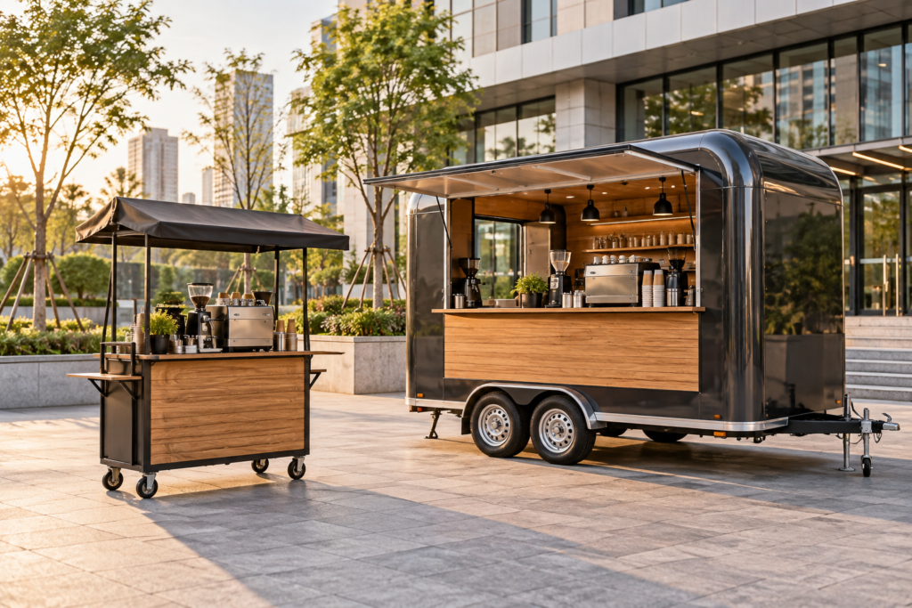 So sánh xe đẩy bán cafe nhỏ và xe trailer cafe có khoang phục vụ lớn