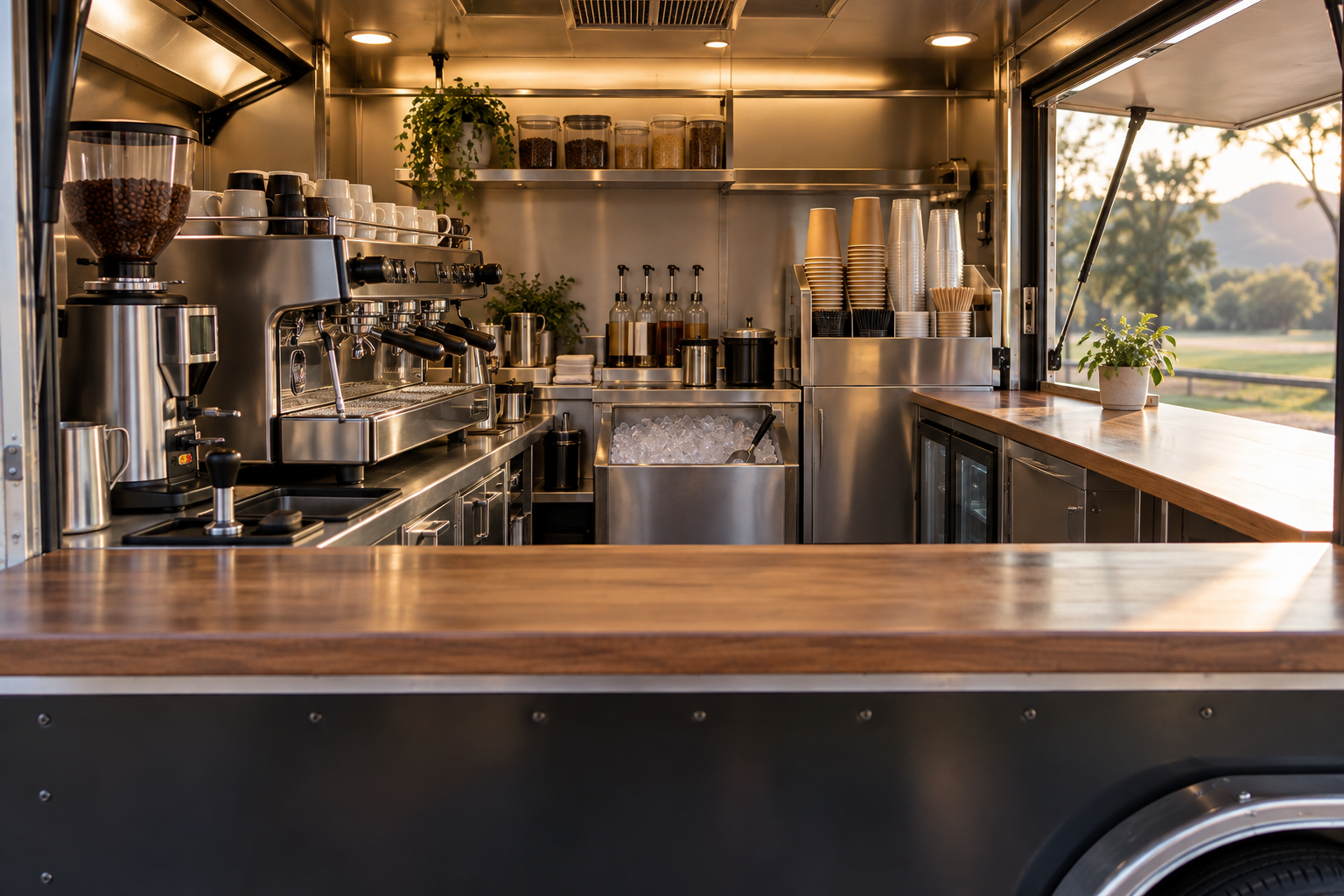 Khoang xe cafe với máy pha, máy xay, thùng đá, ly và quầy giao đồ uống được bố trí gọn