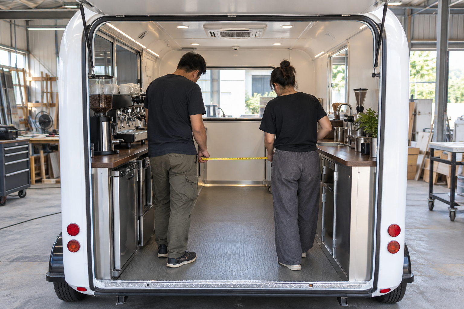 Hai nhân viên đo khoảng thao tác bên trong xe bán cafe di động