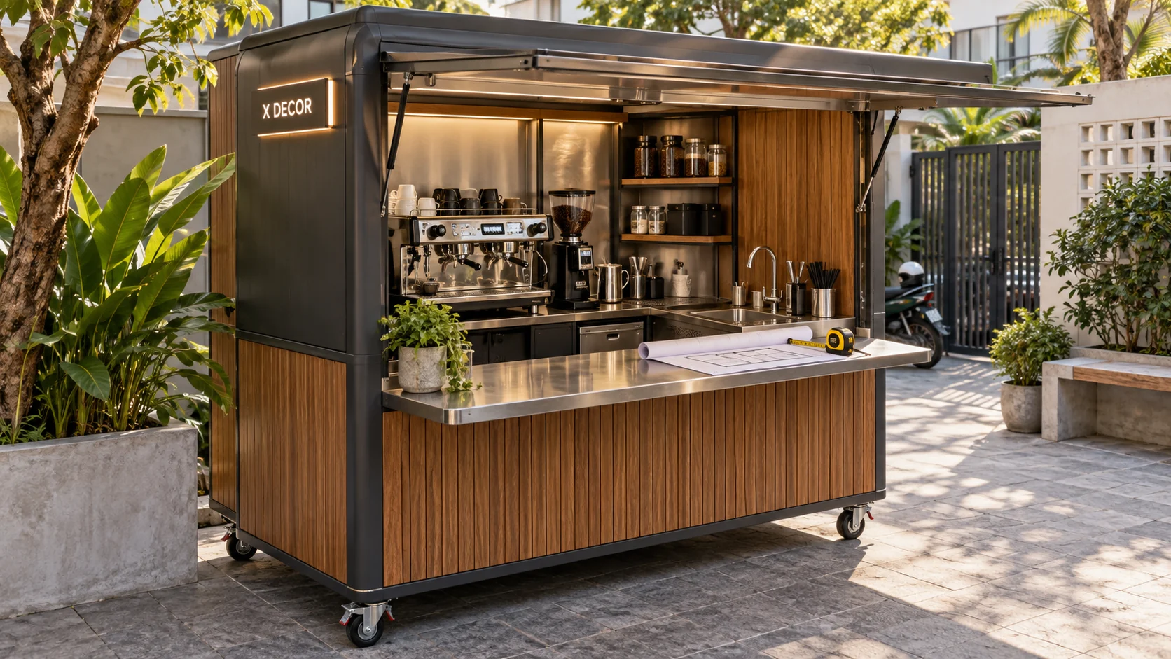 Phối cảnh kiot cafe với thước đo và bản phác mặt bằng trên quầy