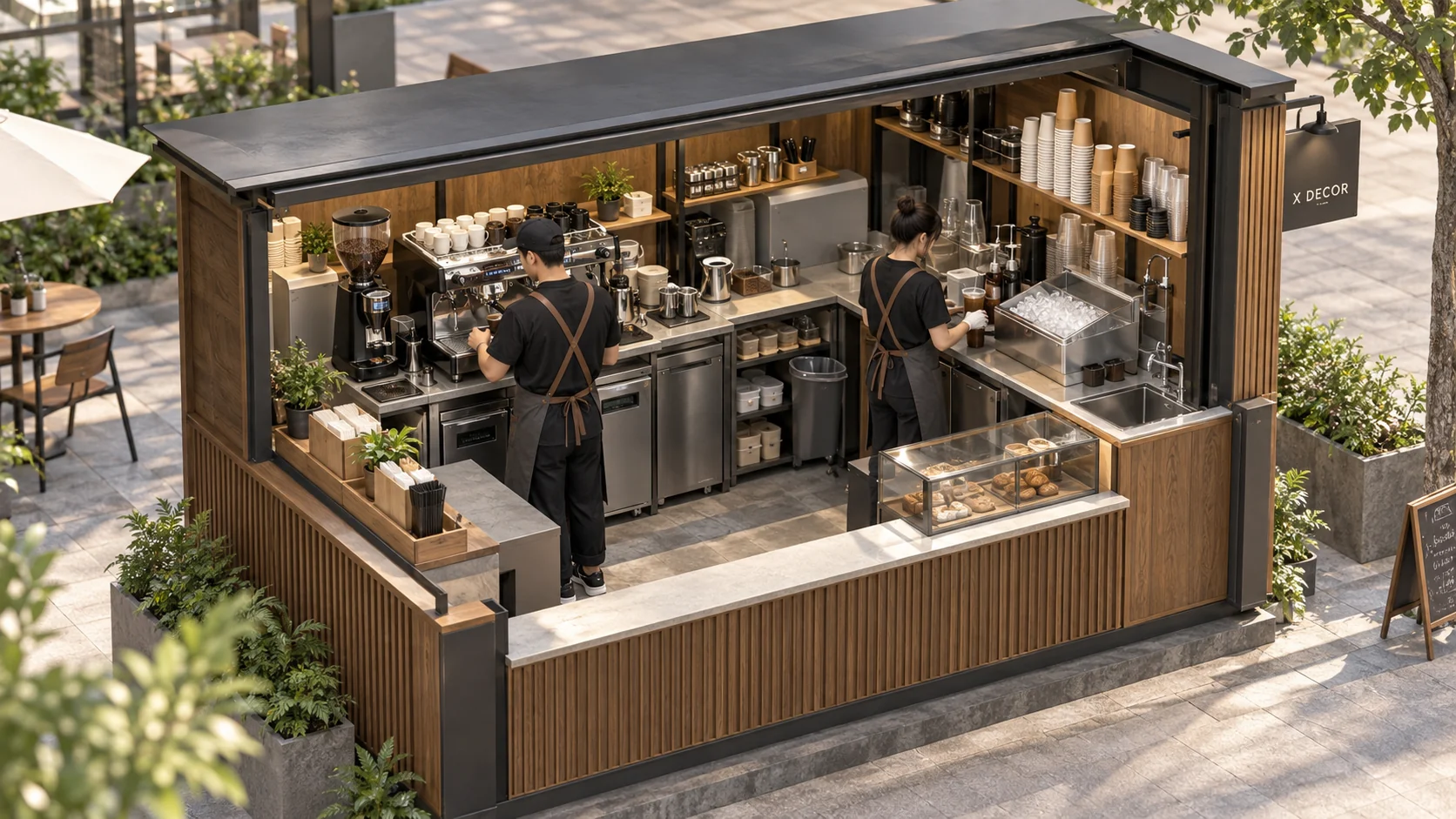 Bố trí minh họa máy pha, máy xay và hai vị trí thao tác trong kiot cafe