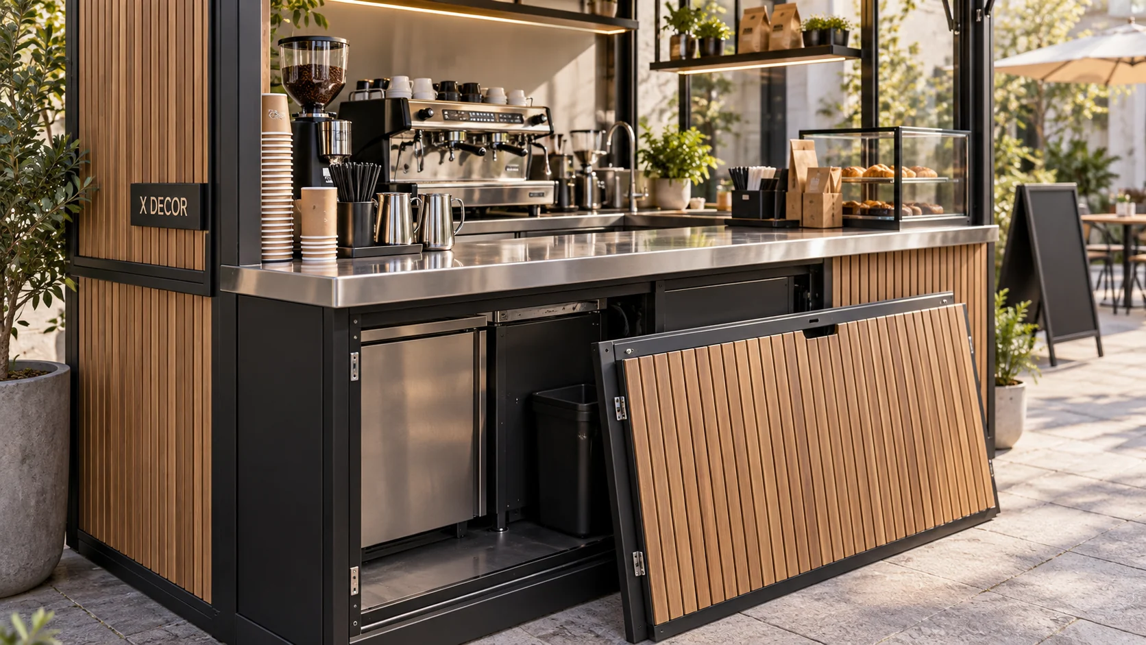 Chi tiết mặt bàn inox, khung kim loại và lớp ốp của kiot cafe