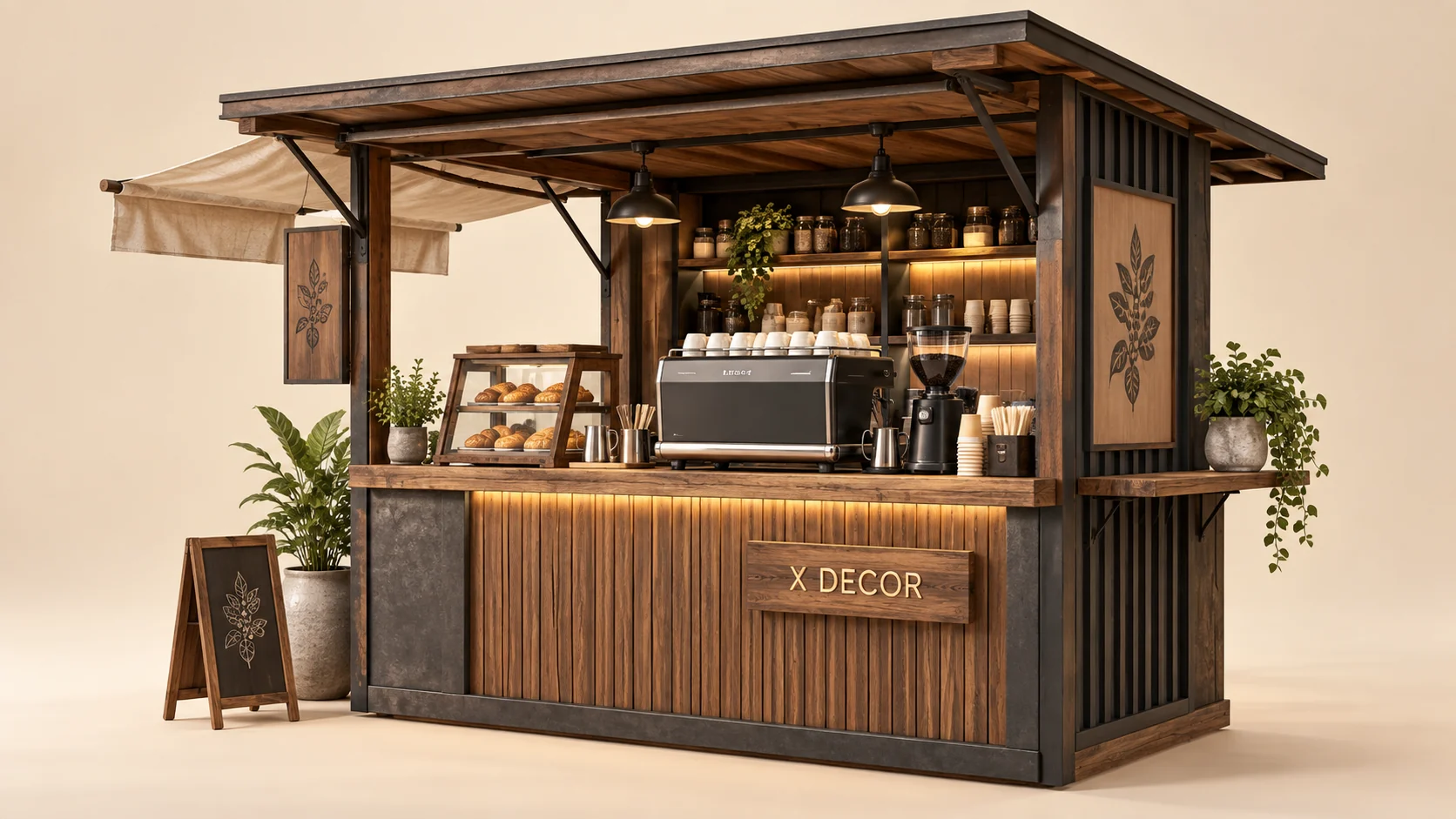 Mẫu ý tưởng kiot cafe nhỏ ốp gỗ và khung màu than