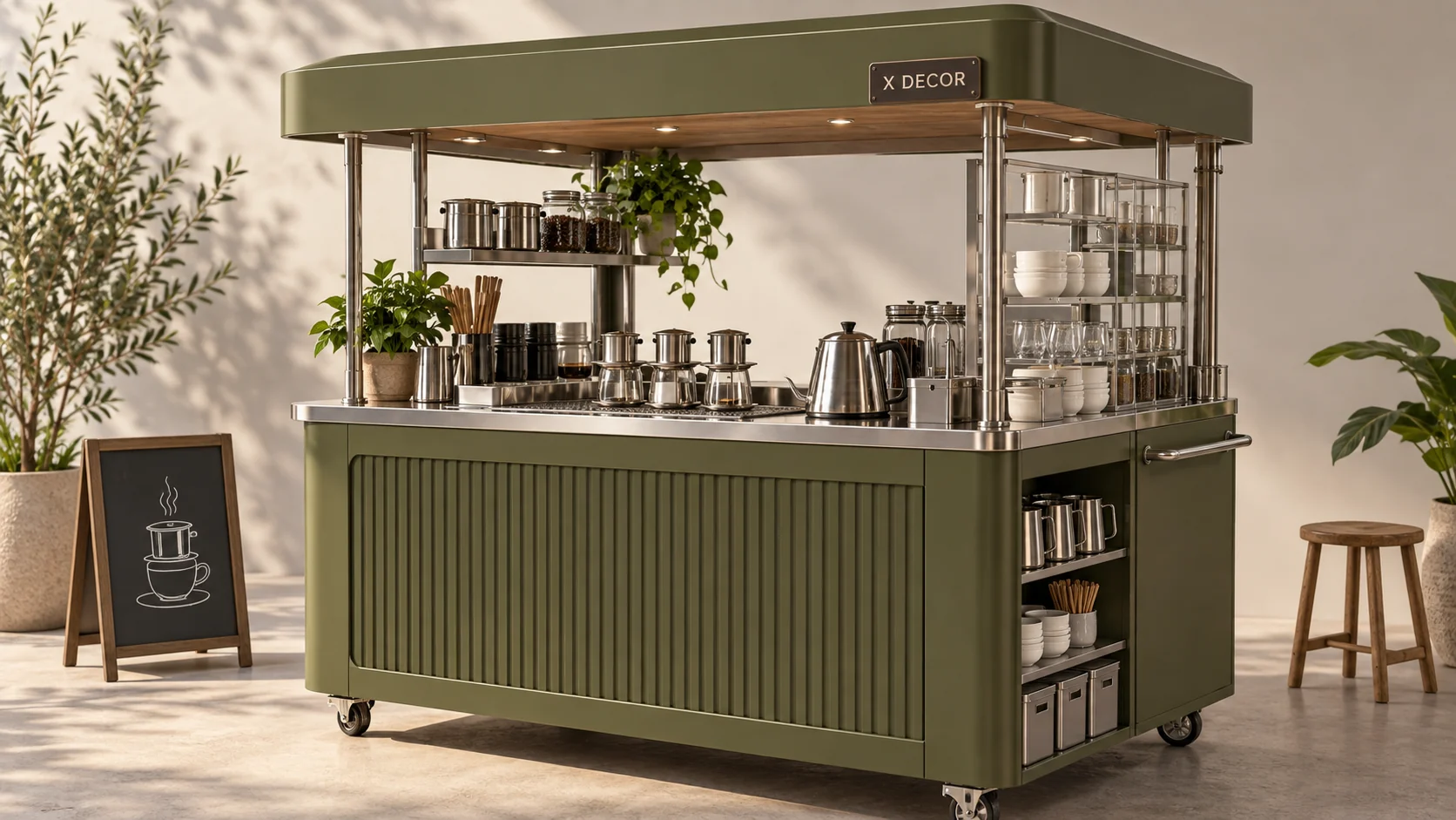 Mẫu ý tưởng kiot cafe phin màu olive với kệ ly và kho chứa