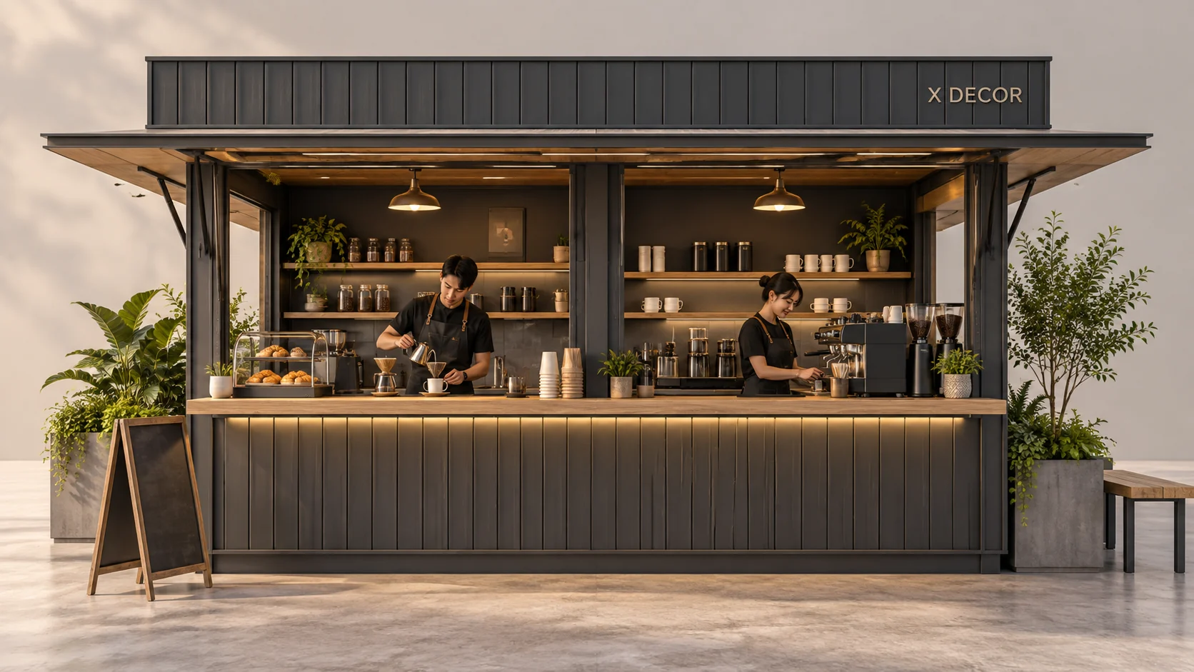 Mẫu ý tưởng kiot cafe rộng màu than cho hai vị trí làm việc
