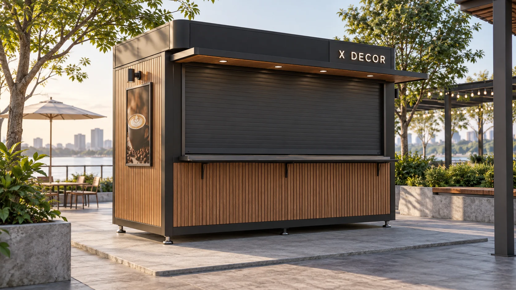Minh họa kê kiot cafe trên nền cứng với chân đỡ