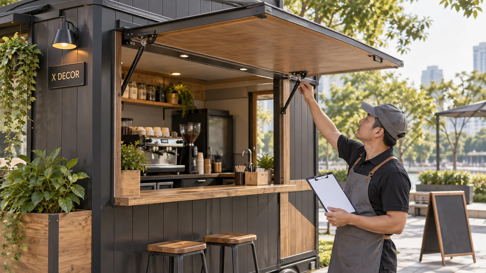 Minh họa kiểm tra bản lề và cửa kiot cafe khi nghiệm thu
