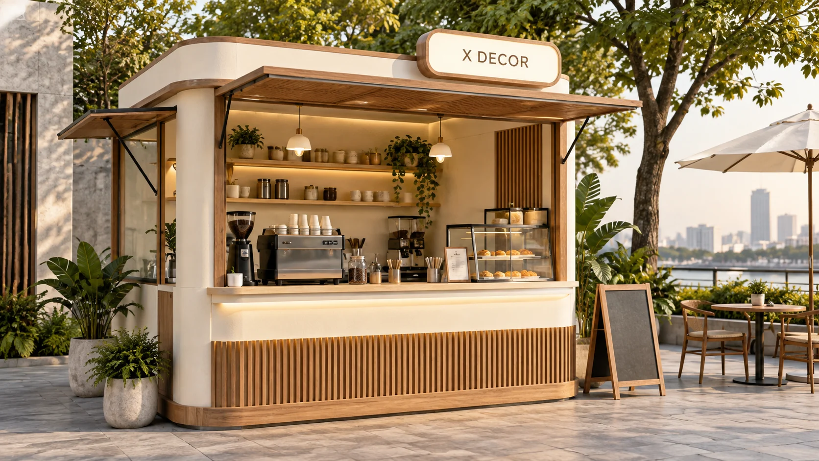 Mẫu ý tưởng kiot cafe trắng phối gỗ với biển hiệu tháo rời