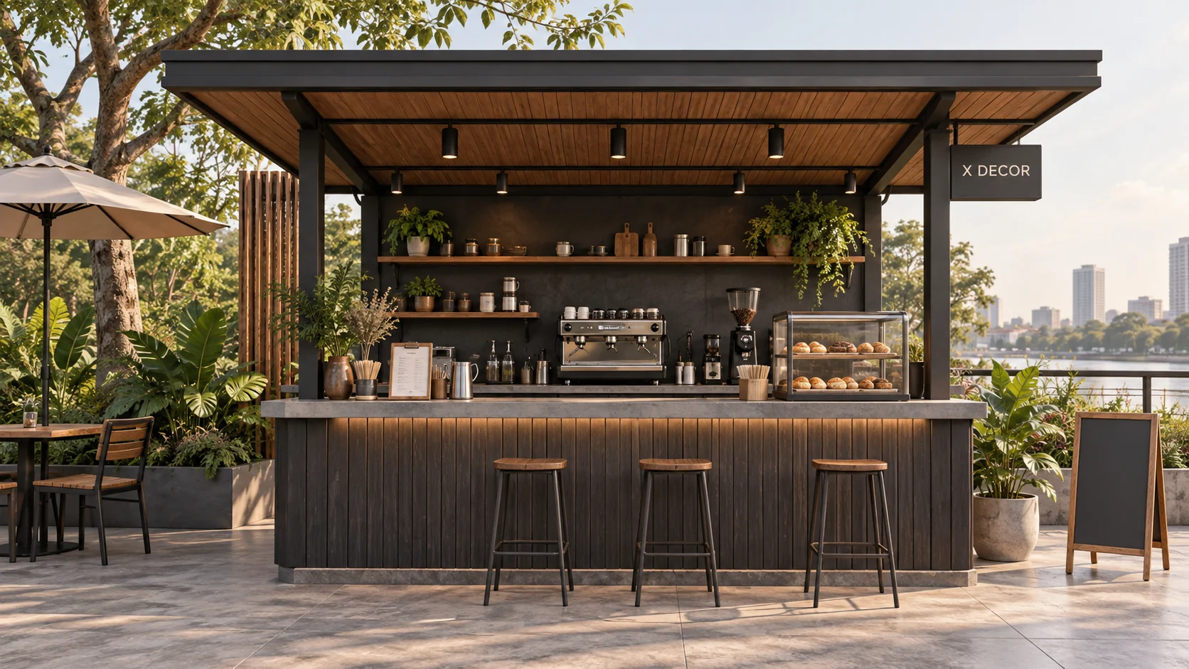Mẫu ý tưởng kiot cafe màu than với mặt phục vụ rộng