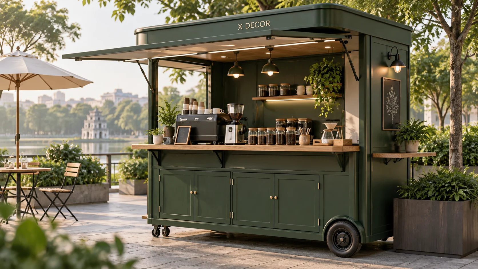 Mẫu ý tưởng kiot cafe phin xanh đậm và khoang chứa kín