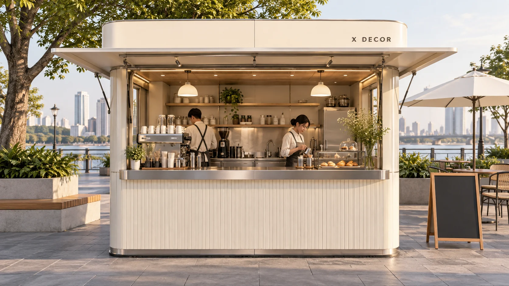 Mẫu ý tưởng kiot cafe màu kem với hai vùng làm việc
