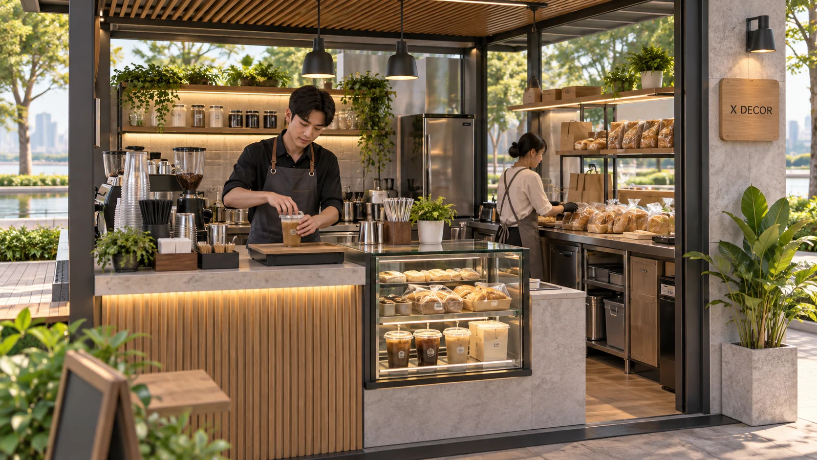 Minh họa hai người vận hành vùng đồ uống và vùng bánh mì riêng