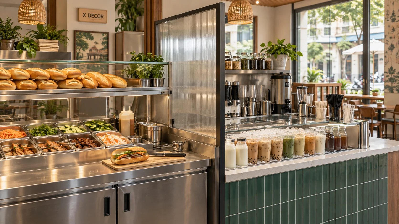 Minh họa khu làm nóng bánh mì tách khu pha đồ uống
