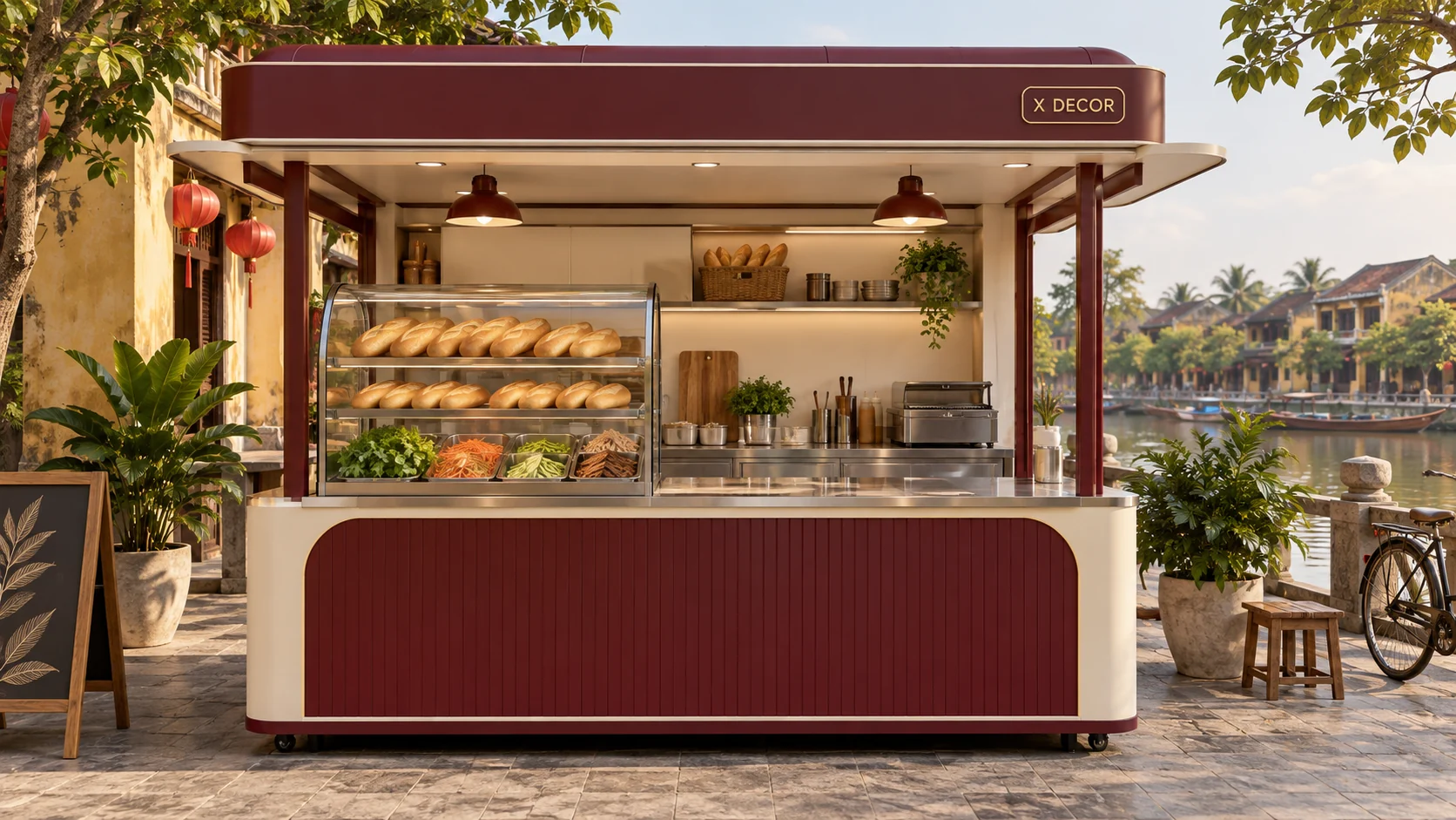 Mẫu ý tưởng kiot bánh mì đỏ sẫm với tủ trưng bày và mặt inox