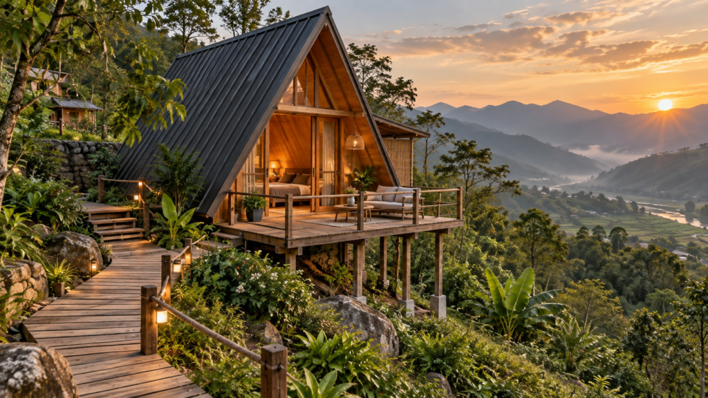 Mẫu nhà gỗ A-frame trên sườn đồi