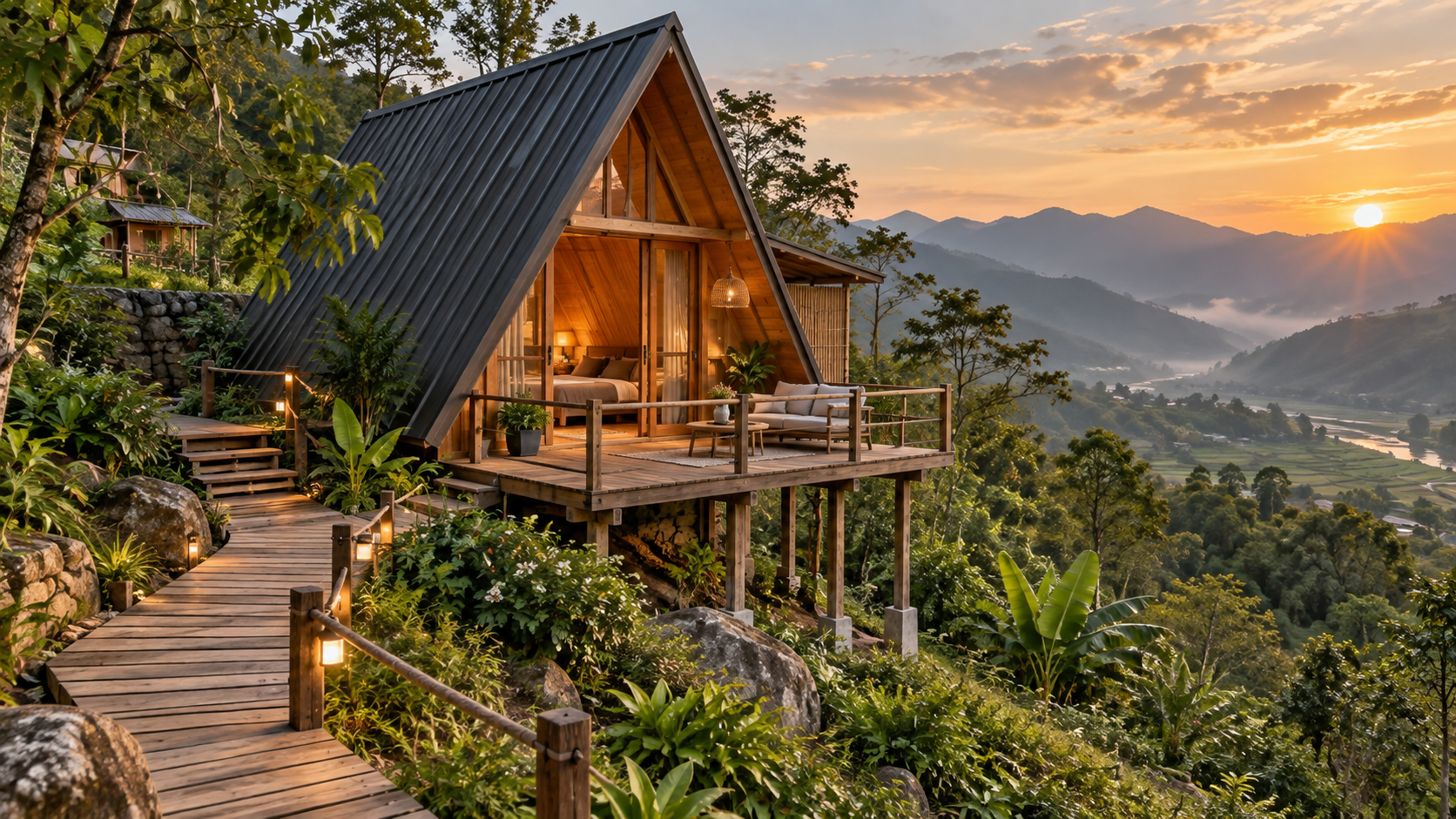 Mẫu nhà gỗ A-frame trên sườn đồi