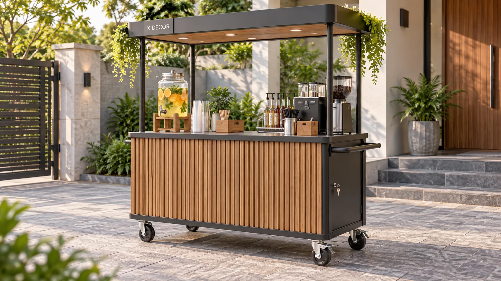 Quầy đồ uống minh họa có tay đẩy và bánh xe khóa