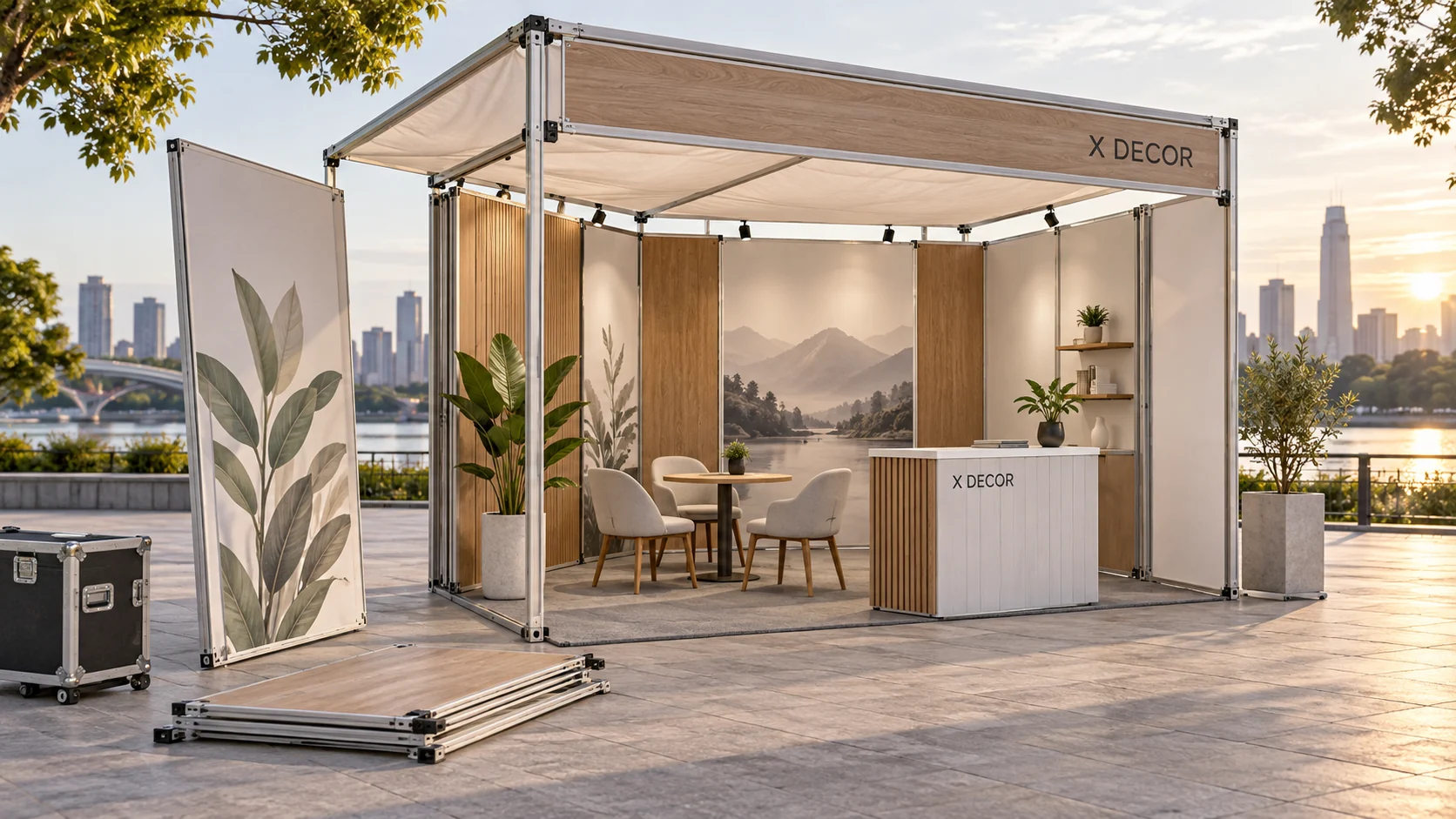 Booth bán hàng minh họa có panel tháo rời và mái che