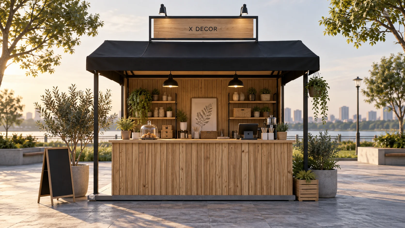 Mẫu ý tưởng booth ốp gỗ với mái và khung biển hiệu tháo lắp