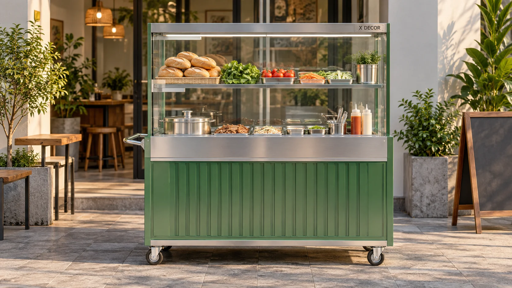Mẫu ý tưởng quầy trưng bày inox và xanh có kính bảo vệ
