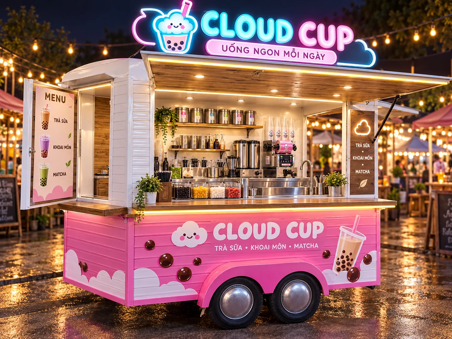 Ảnh gợi ý bố cục: Cloud Cup Milk Tea Cart với góc chéo cho thấy mặt quầy và thân xe, phù hợp tham khảo cấu hình xe bán hàng di động.
