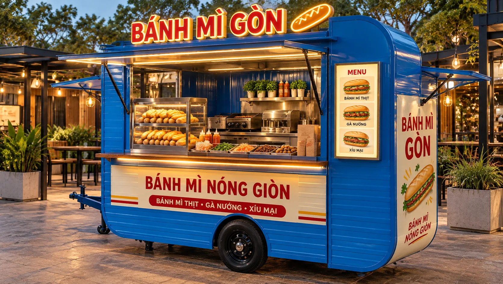 Ảnh gợi ý bố cục: Banh Mi Gon Cart với góc sau thể hiện khoang thao tác, phù hợp tham khảo cấu hình xe bán hàng di động.