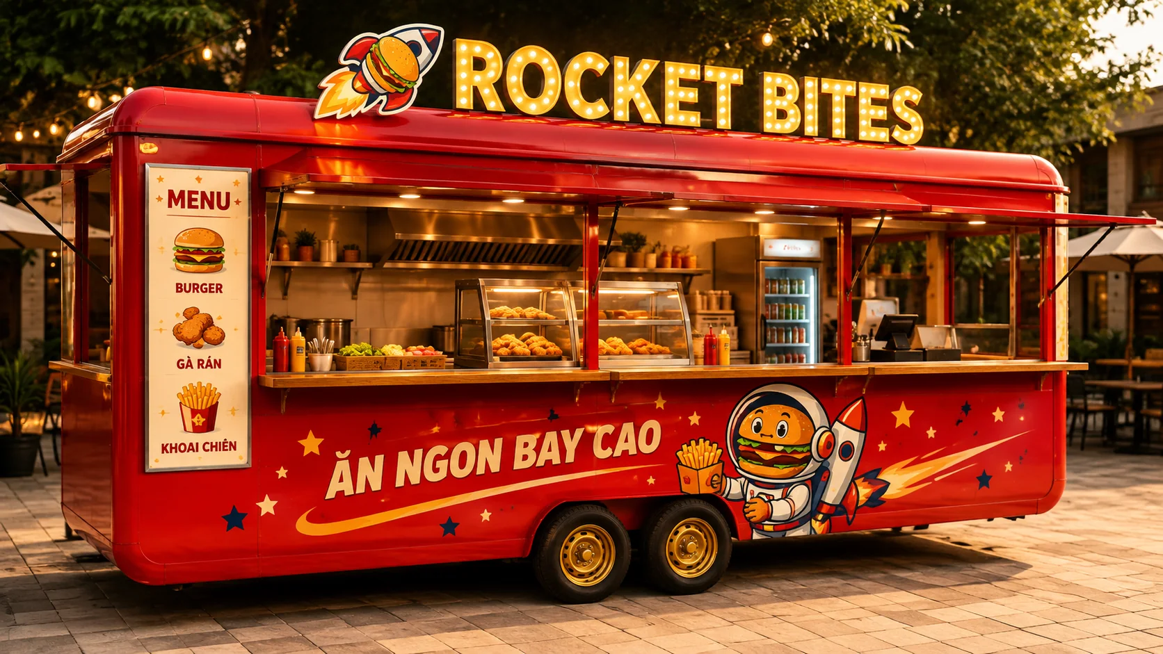 Ảnh gợi ý bố cục: Rocket Bites Food Kiosk với góc chéo cho thấy mặt quầy và thân xe, phù hợp tham khảo cấu hình xe bán hàng di động.