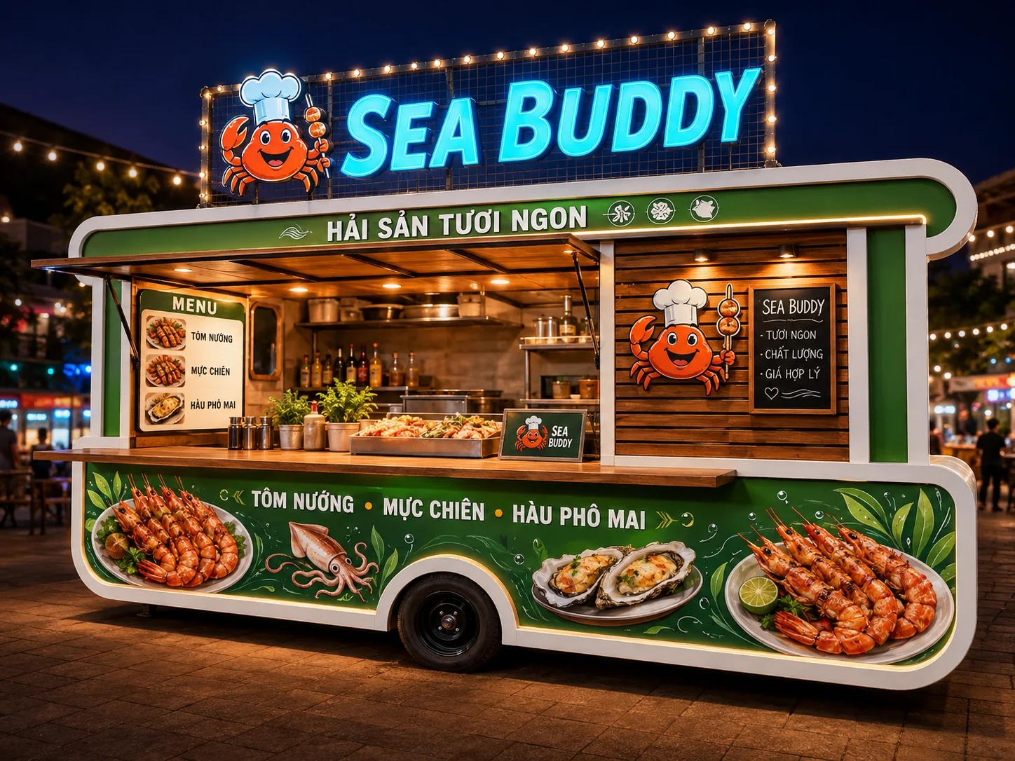 Mẫu sản phẩm tham khảo: Sea Buddy Food Kiosk với góc chéo cho thấy mặt quầy và thân xe, phù hợp tham khảo cấu hình xe bán hàng di động.