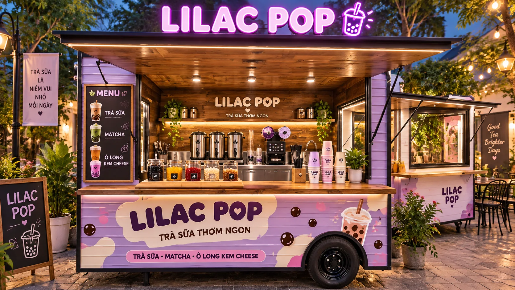 Mẫu sản phẩm tham khảo: Lilac Pop Milk Tea Cart với quầy phục vụ nhìn chính diện, phù hợp tham khảo cấu hình xe bán hàng di động.