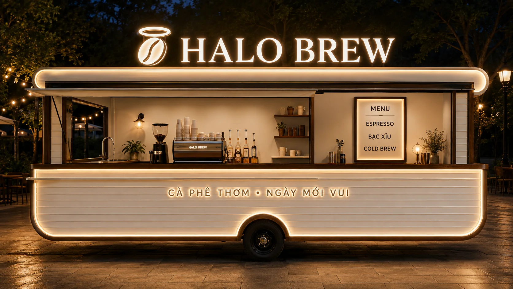 Mẫu sản phẩm tham khảo: Halo Brew Coffee Kiosk với quầy phục vụ nhìn chính diện, phù hợp tham khảo cấu hình xe bán hàng di động.