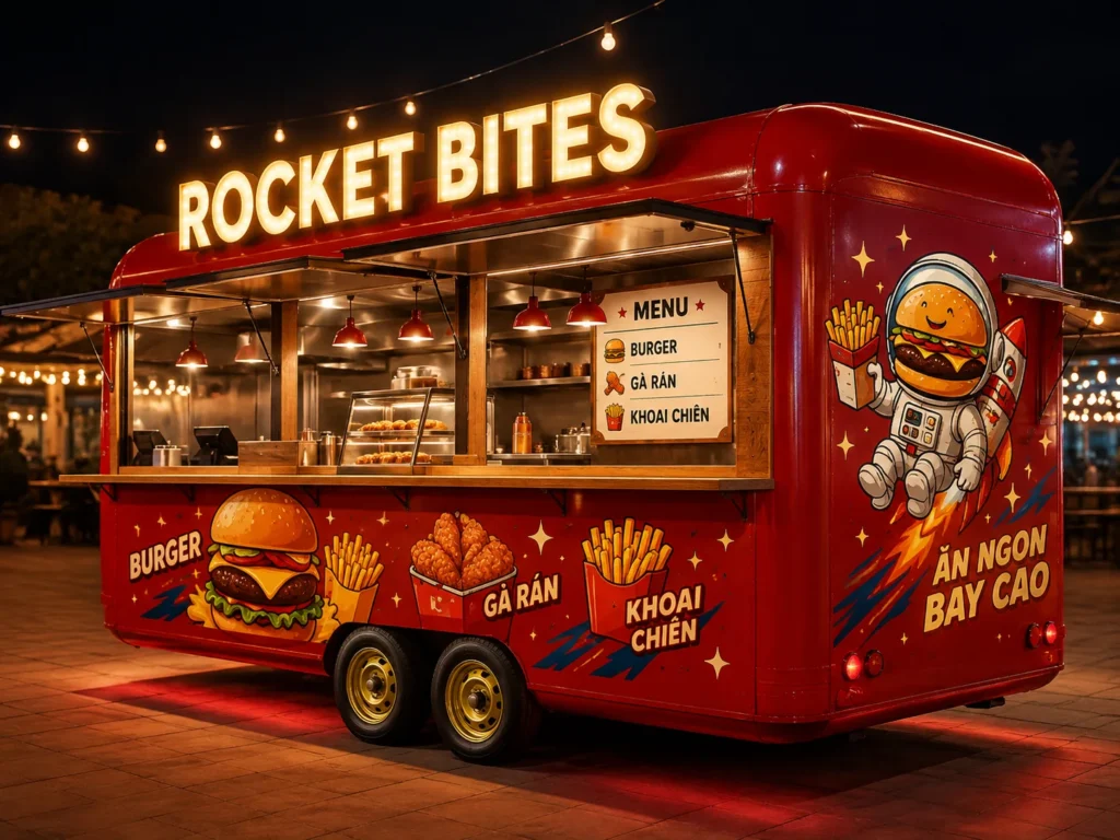 Ảnh gợi ý bố cục: Rocket Bites Food Kiosk với góc sau thể hiện khoang thao tác, phù hợp tham khảo cấu hình xe bán hàng di động.