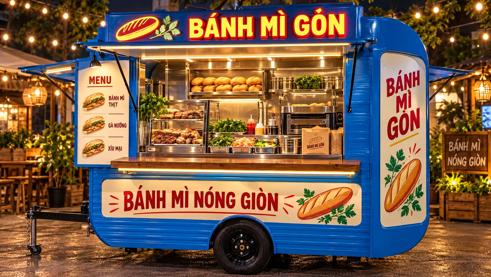 Ảnh gợi ý bố cục: Banh Mi Gon Cart với góc đối diện cho thấy cấu hình tổng thể, phù hợp tham khảo cấu hình xe bán hàng di động.