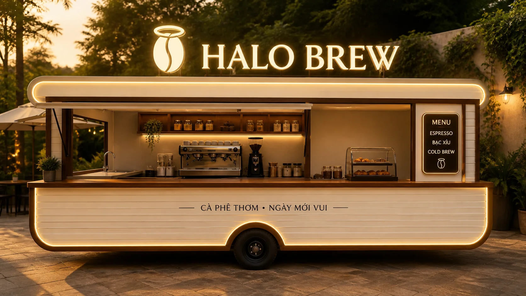 Mẫu sản phẩm tham khảo: Halo Brew Coffee Kiosk với góc chéo cho thấy mặt quầy và thân xe, phù hợp tham khảo cấu hình xe bán hàng di động.