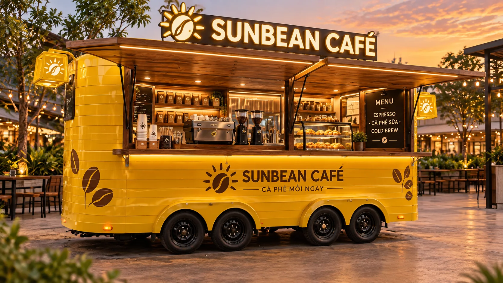 Mẫu sản phẩm tham khảo: Sunbean Cafe Kiosk với góc sau thể hiện khoang thao tác, phù hợp tham khảo cấu hình xe bán hàng di động.