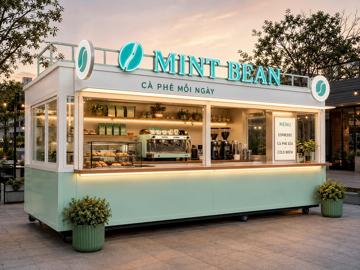 Mẫu sản phẩm tham khảo: Mint Bean Coffee Kiosk với góc sau thể hiện khoang thao tác, phù hợp tham khảo cấu hình xe bán hàng di động.