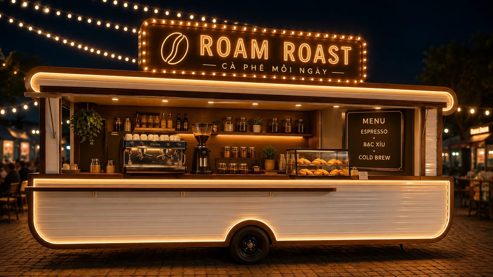 Mẫu sản phẩm tham khảo: Roam Roast Coffee Kiosk với góc đối diện cho thấy cấu hình tổng thể, phù hợp tham khảo cấu hình xe bán hàng di động.
