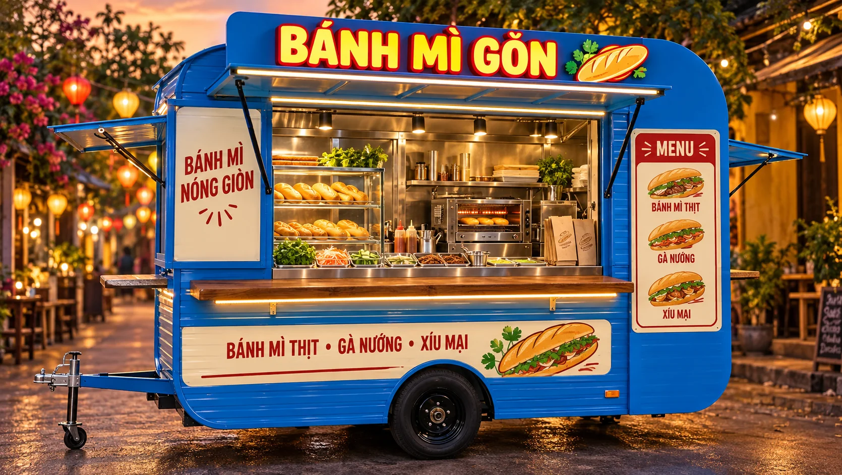 Ảnh gợi ý bố cục: Banh Mi Gon Cart với góc chéo cho thấy mặt quầy và thân xe, phù hợp tham khảo cấu hình xe bán hàng di động.