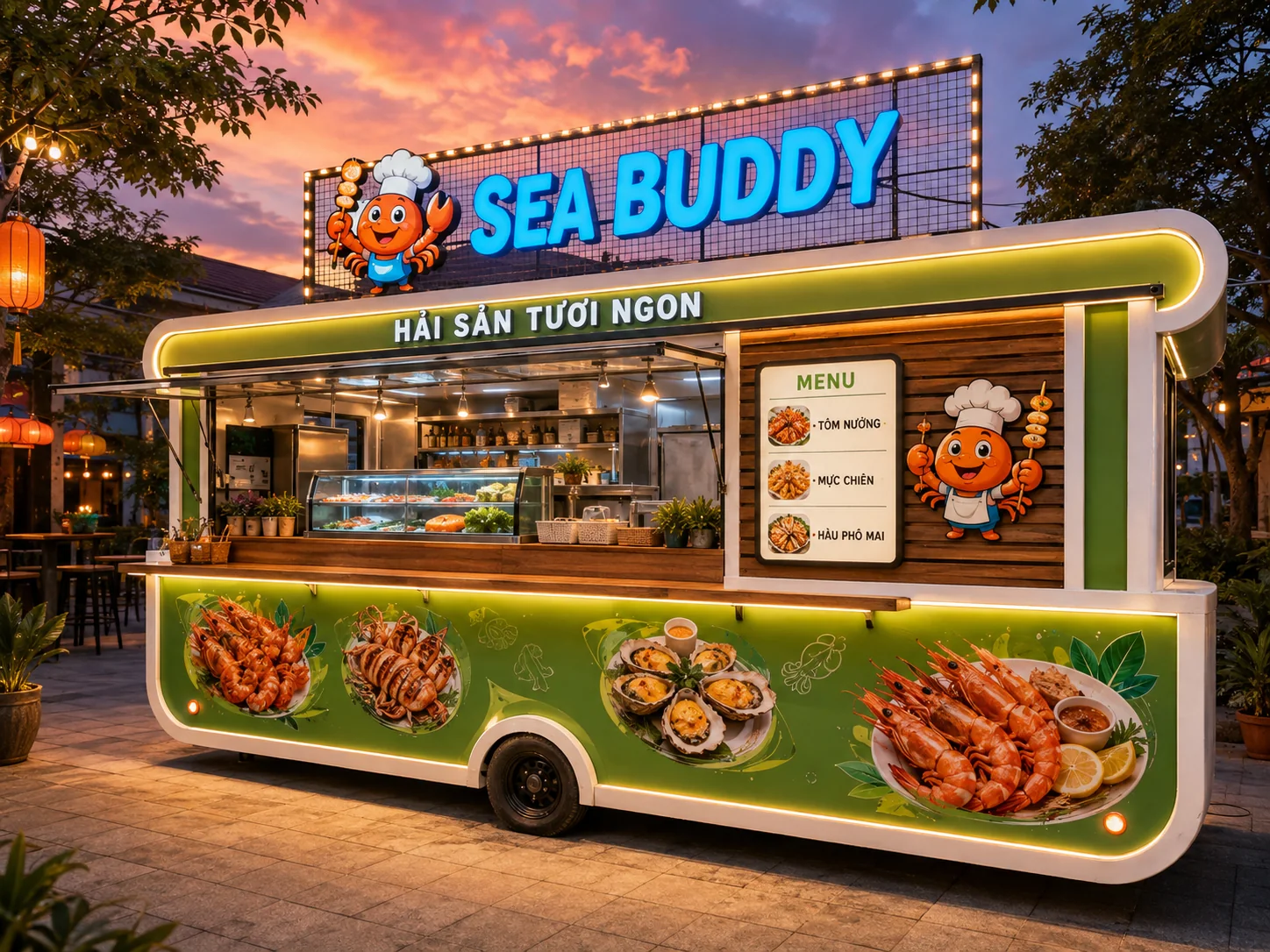 Ảnh gợi ý bố cục: Sea Buddy Food Kiosk với góc sau thể hiện khoang thao tác, phù hợp tham khảo cấu hình xe bán hàng di động.