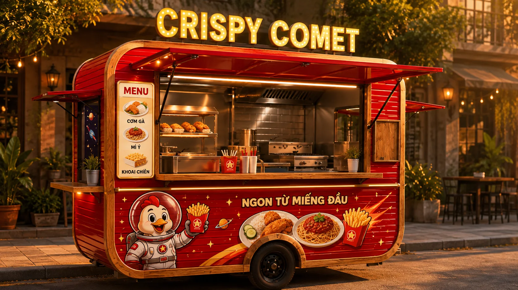 Ảnh gợi ý bố cục: Crispy Comet Food Cart với góc chéo cho thấy mặt quầy và thân xe, phù hợp tham khảo cấu hình xe bán hàng di động.