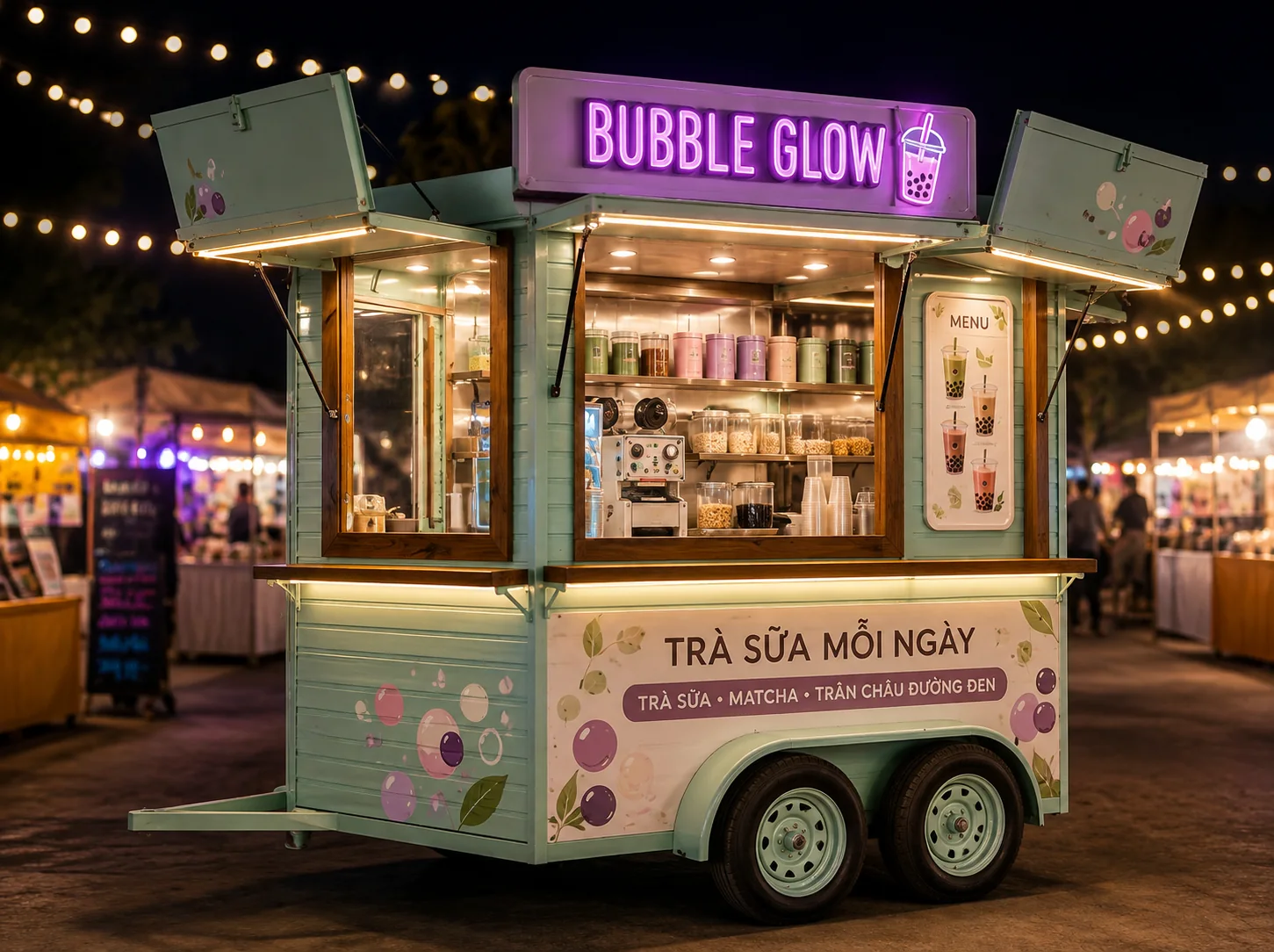 Ảnh gợi ý bố cục: Bubble Glow Milk Tea Cart với góc chéo cho thấy mặt quầy và thân xe, phù hợp tham khảo cấu hình xe bán hàng di động.