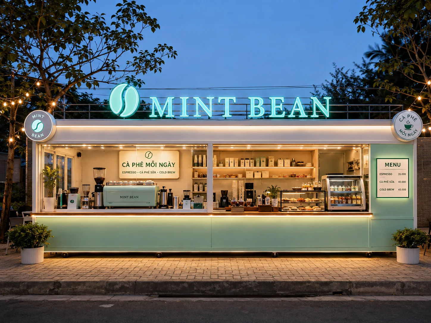 Mẫu sản phẩm tham khảo: Mint Bean Coffee Kiosk với quầy phục vụ nhìn chính diện, phù hợp tham khảo cấu hình xe bán hàng di động.
