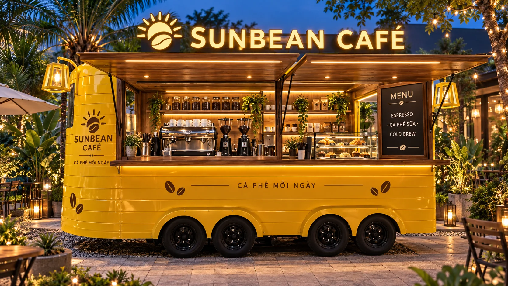 Mẫu sản phẩm tham khảo: Sunbean Cafe Kiosk với quầy phục vụ nhìn chính diện, phù hợp tham khảo cấu hình xe bán hàng di động.